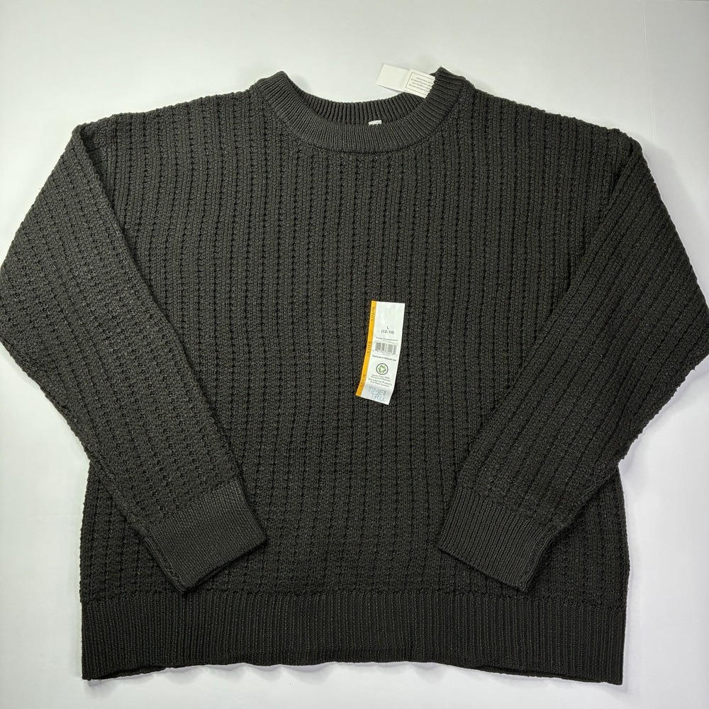 Time and Tru Womens Textured Pullover Sweater Size L (12-14) Black Crew Neck NWT
